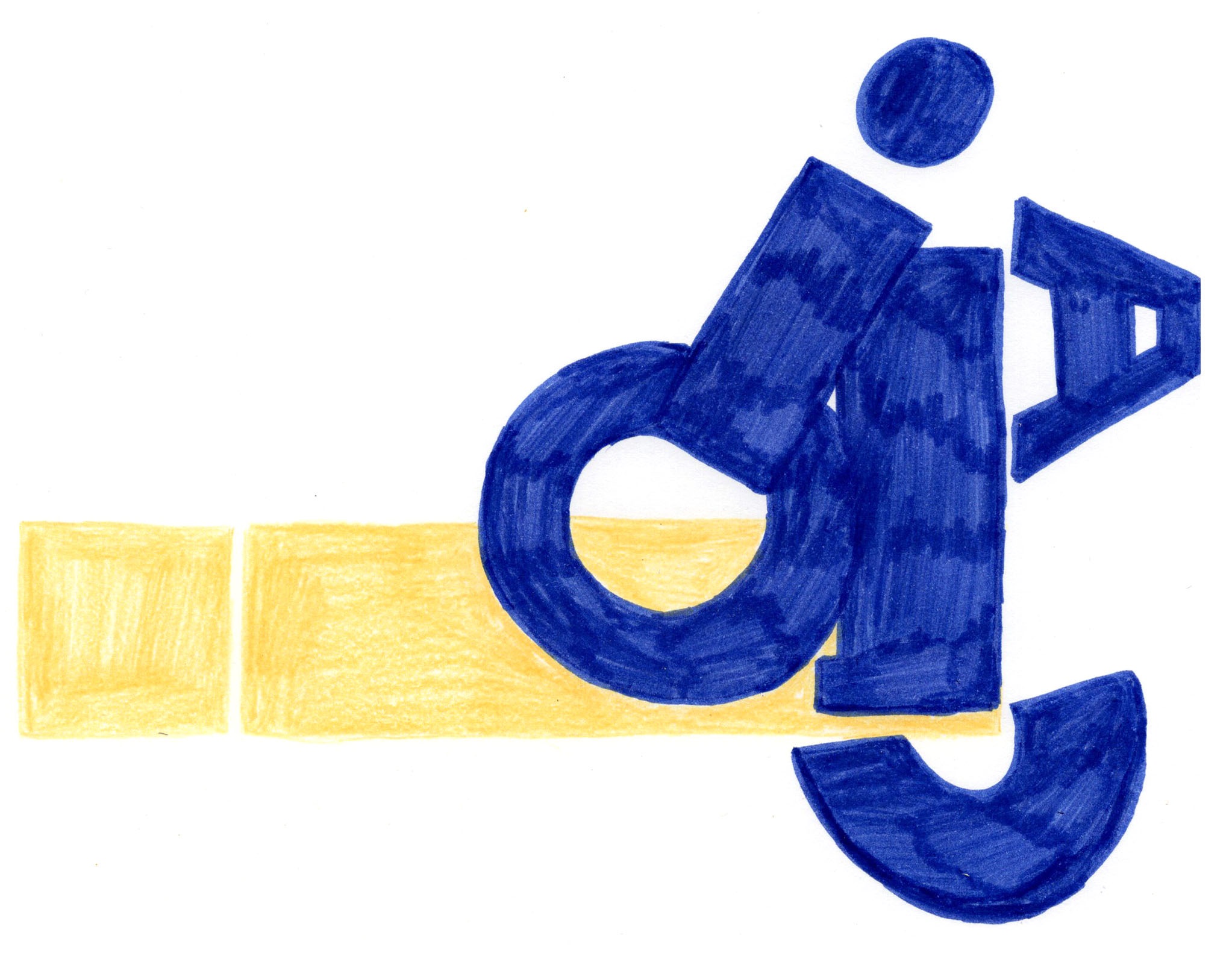 Illustratie van de letters aioc en het blauw met een met een vierkant en langwerpig geel blok er links naast